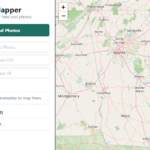 Screenshot of the PhotoMapper web app showing an upload panel on the left and an interactive map of the Atlanta area on the right, where uploaded geotagged field photos can be placed based on GPS metadata.