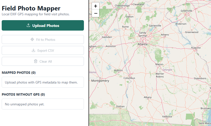 Screenshot of the PhotoMapper web app showing an upload panel on the left and an interactive map of the Atlanta area on the right, where uploaded geotagged field photos can be placed based on GPS metadata.