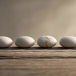 Six white eggs lined up on a wooden surface, with one egg cracked and repaired with gold, symbolizing individuality, imperfection, and divergence in a world of increasing sameness.