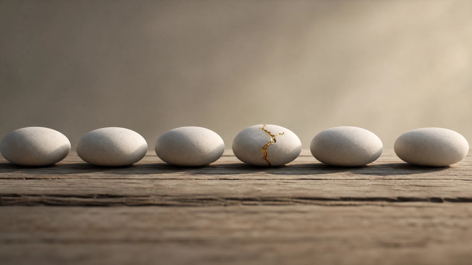 Six white eggs lined up on a wooden surface, with one egg cracked and repaired with gold, symbolizing individuality, imperfection, and divergence in a world of increasing sameness.