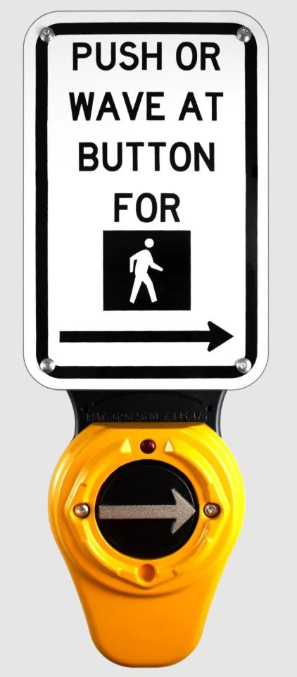 Accessible pedestrian signal with tactile arrow and push-or-wave activation.