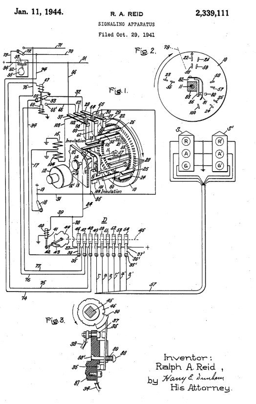 1944 patent drawing of an electromechanical traffic-signal controller with a timing dial, motor, cams, contacts, and red-amber-green circuits.