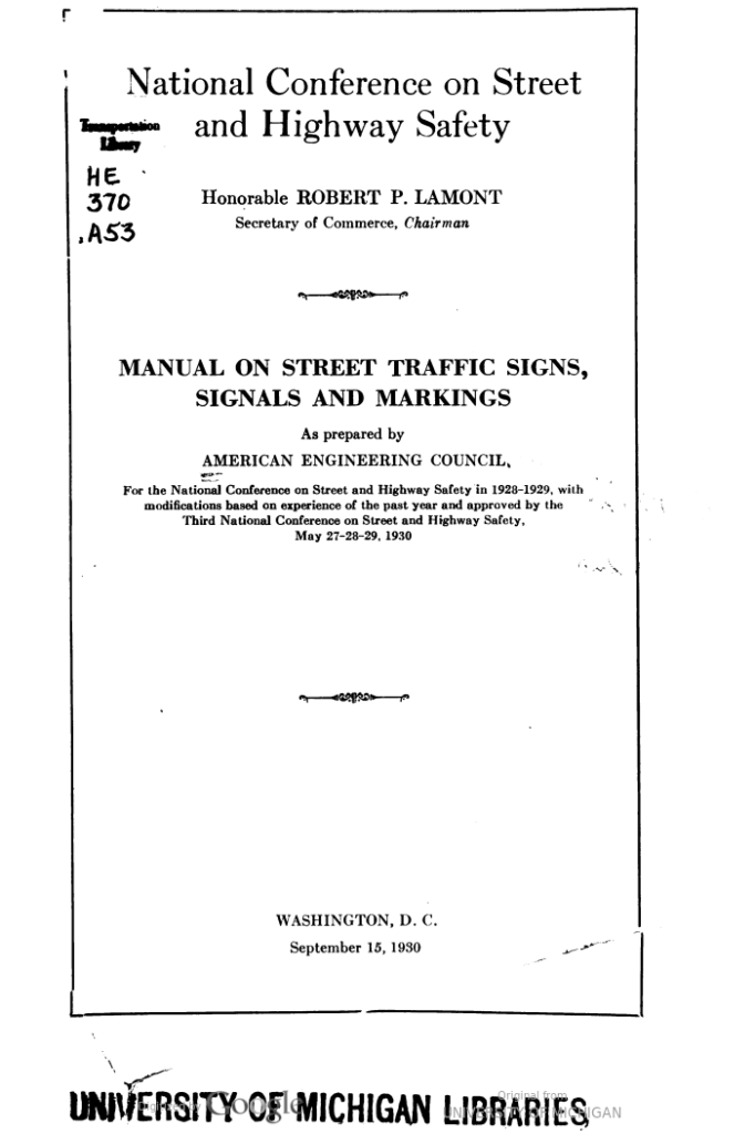 Cover of the 1930 urban manual on street traffic signs, signals, pavement markings, and safety zones.