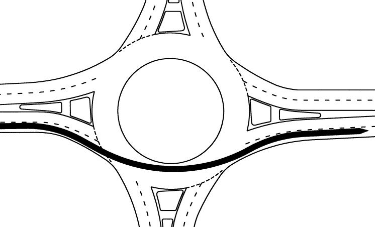 Diagram of a vehicle's fastest through path traced across a roundabout entry, circulatory roadway, and exit